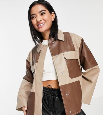 ASOS DESIGN Petite paneled faux leather jacket in brown-Multi