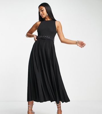 ASOS DESIGN Petite pleated sleeveless midi dress with belt in black