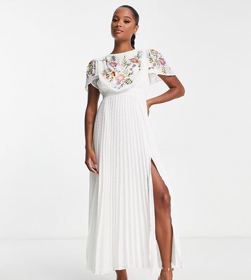 ASOS DESIGN Petite pleated textured cowl front embroidered midi dress with belt in white
