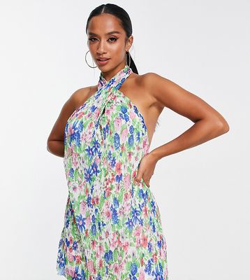 ASOS DESIGN Petite plisse halter mini dress in bright floral print-Multi