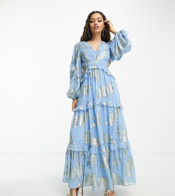 ASOS DESIGN Petite plunge pintuck maxi dress with cut-out and ruffles in blue metallic floral jacquard-Multi