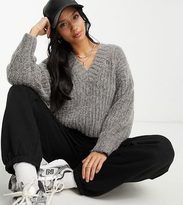 ASOS DESIGN Petite premium chunky v neck oversized sweater in fluffy yarn in gray-Brown