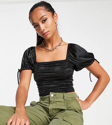 ASOS DESIGN Petite puff sleeve satin ruched front top in black