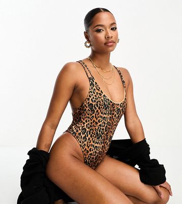 ASOS DESIGN Petite ribbed lattice strap swimsuit with high leg in leopard print-Multi