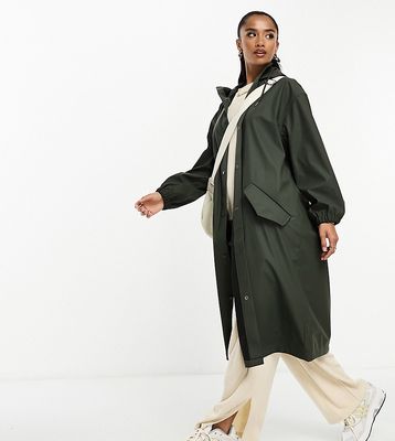ASOS DESIGN Petite rubberized rain parka coat in khaki-Green