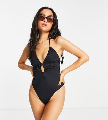 ASOS DESIGN Petite ruched keyhole front swimsuit in black