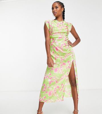 ASOS DESIGN Petite ruched side button cap sleeve satin midi dress in green floral print-Multi