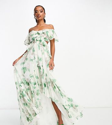 ASOS DESIGN Petite ruffle cut out off the shoulder maxi dress with hi low hem in stone floral print-Multi