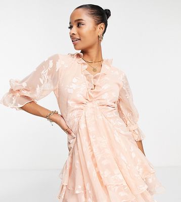ASOS DESIGN Petite ruffle detail mini dress with godet layered skirt in satin floral in pink-Multi