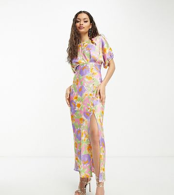 ASOS DESIGN Petite satin batwing midi dress with button side detail in floral print-Multi