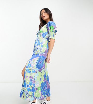 ASOS DESIGN Petite satin shirred cuff midi tea dress with tie front in floral print-Multi