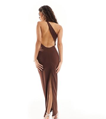 ASOS DESIGN Petite sculpted asymmetric maxi dress in chocolate-Brown