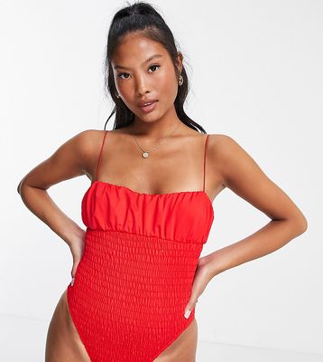 ASOS DESIGN petite shirred body swimsuit in red