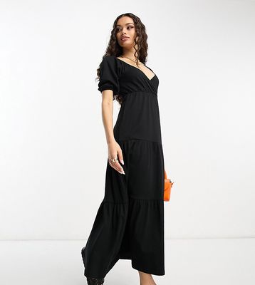 ASOS DESIGN Petite short sleeve wrap tiered midi dress in black