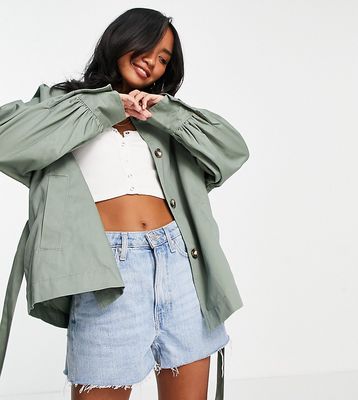 ASOS DESIGN Petite sleeve detail jacket in khaki-Neutral