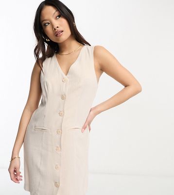 ASOS DESIGN Petite sleeveless button up vest dress in natural-Neutral