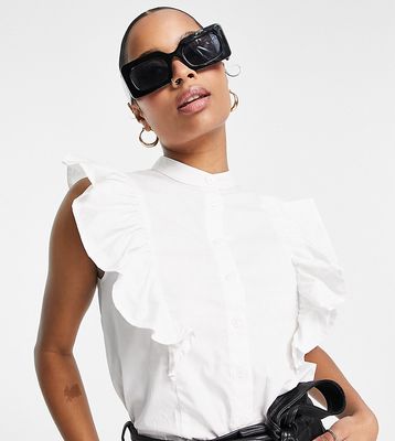 ASOS DESIGN Petite sleeveless shirt with frill detail in ivory-White
