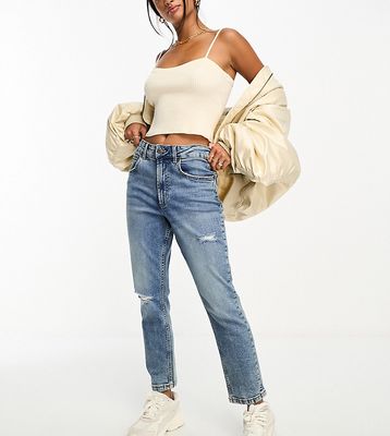 ASOS DESIGN Petite slim mom jeans in mid blue with rip