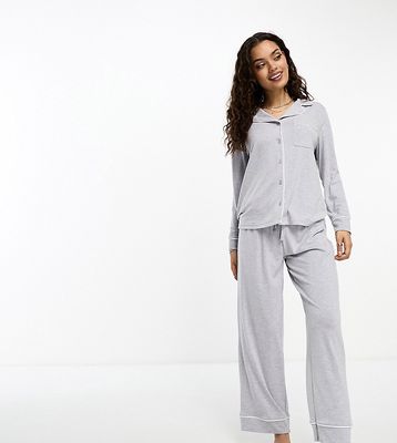ASOS DESIGN Petite soft jersey long sleeve shirt & pants pajama set with contrast piping in gray heather