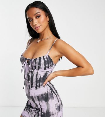 ASOS DESIGN Petite strappy mini dress with ruched bust detail in purple tie dye-Multi