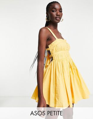 ASOS DESIGN Petite strappy mini skater sundress in lemon textured stripe-Orange