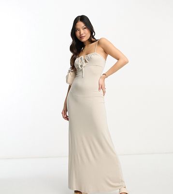 ASOS DESIGN Petite strappy ruched bust midi dress in stone-Neutral