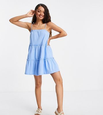 ASOS DESIGN Petite strappy sundress with tiered frill detail in chambray blue-Blues