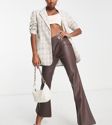 ASOS DESIGN Petite stretch leather look flare pants in chocolate-Brown