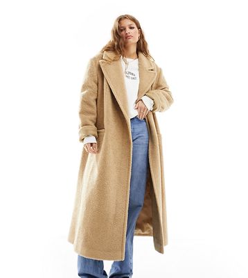 ASOS DESIGN Petite strong shoulder coat in camel boucle-Neutral