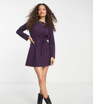 ASOS DESIGN Petite super soft crew neck mini sweater dress with belt in aubergine-Purple