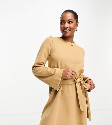 ASOS DESIGN Petite super soft flare sleeve sweater swing mini dress with belt in camel-Brown