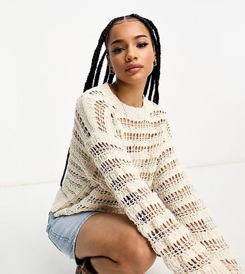 ASOS DESIGN Petite sweater with open stitch in textured yarn in cream-White