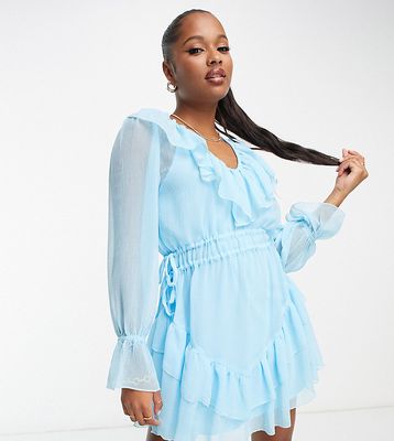 ASOS DESIGN Petite textured chiffon waisted mini dress with frills in blue