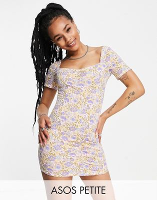 ASOS DESIGN Petite textured ruched mini dress with short sleeves in pastel blue floral print-Multi