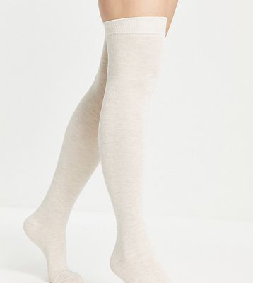 ASOS DESIGN Petite thigh high socks in oatmeal-White