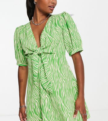 ASOS DESIGN Petite tie front button through mini dress in green animal print-Multi