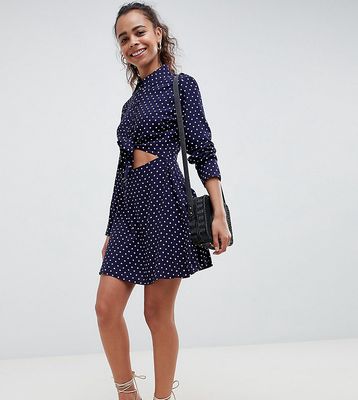 ASOS DESIGN Petite Tie Front Shirt Mini dress with long sleeves In Spot-Multi