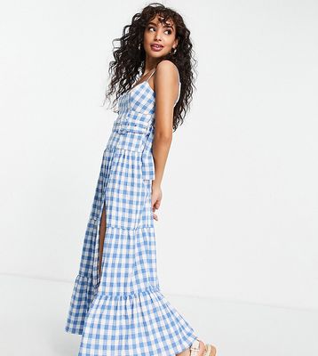 ASOS DESIGN Petite tiered belted maxi sundress in blue gingham-Multi