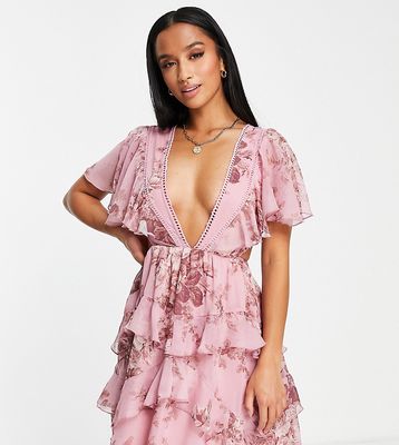 ASOS DESIGN Petite tiered mini dress with lace insert and open back in peach floral print-Multi