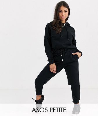 ASOS DESIGN Petite tracksuit hoodie / slim sweatpants with tie in cotton - BLACK