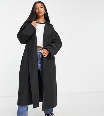 ASOS DESIGN Petite trench coat with faux leather hood in black-Brown