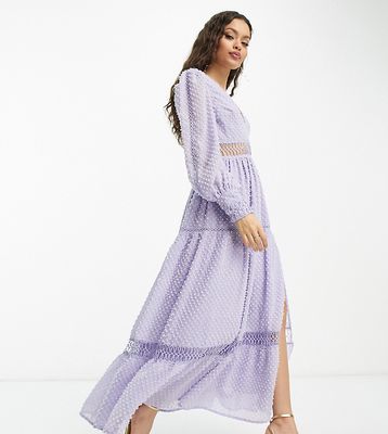 ASOS DESIGN Petite tufted textured lace insert maxi dress in lilac-Purple