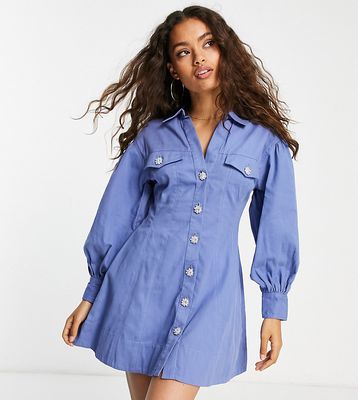 ASOS DESIGN Petite twill flippy mini shirt dress with diamante buttons in dusky blue-Pink