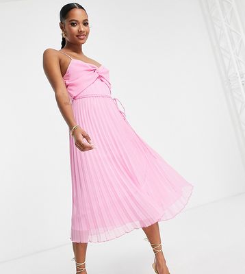 ASOS DESIGN Petite twist front pleated cami midi dress with belt in pink