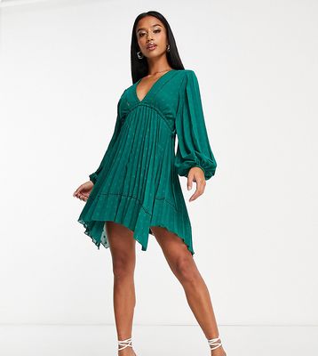 ASOS DESIGN Petite v front trim detail pleated textured mini dress in forest green
