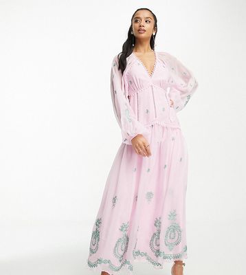 ASOS DESIGN Petite v neck open back embroidered maxi dress with trim detail in pink