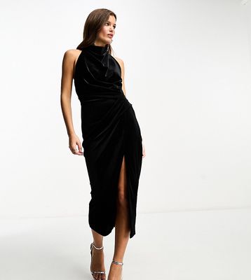 ASOS DESIGN Petite velvet high neck manipulated tuck midi pencil dress in black