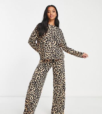 ASOS DESIGN Petite viscose leopard long sleeve top & wide leg pants pajama set in brown