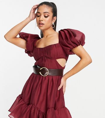 ASOS DESIGN Petite voile mini dress with pleated bodice and PU belt-Red