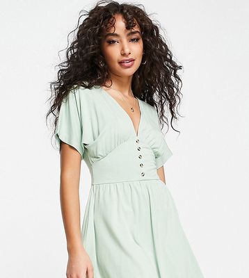 ASOS DESIGN Petite waisted mini tea dress with buttons in sage-Green